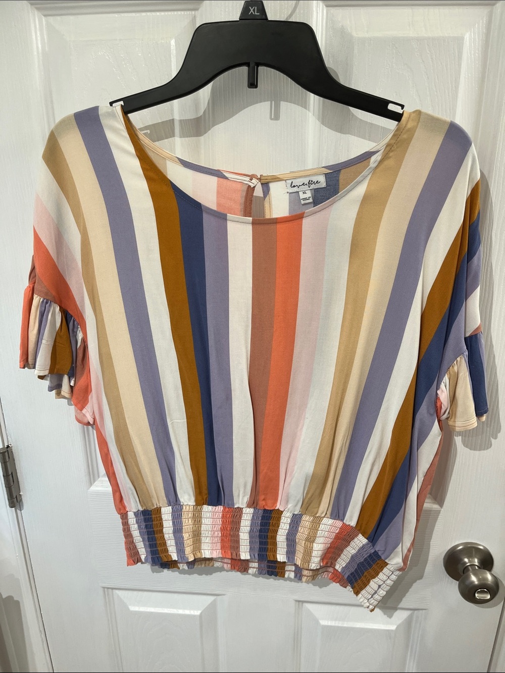 Love Fire Striped Short Sleeve Smocked-Hem Top in Coral, Blue & Beige